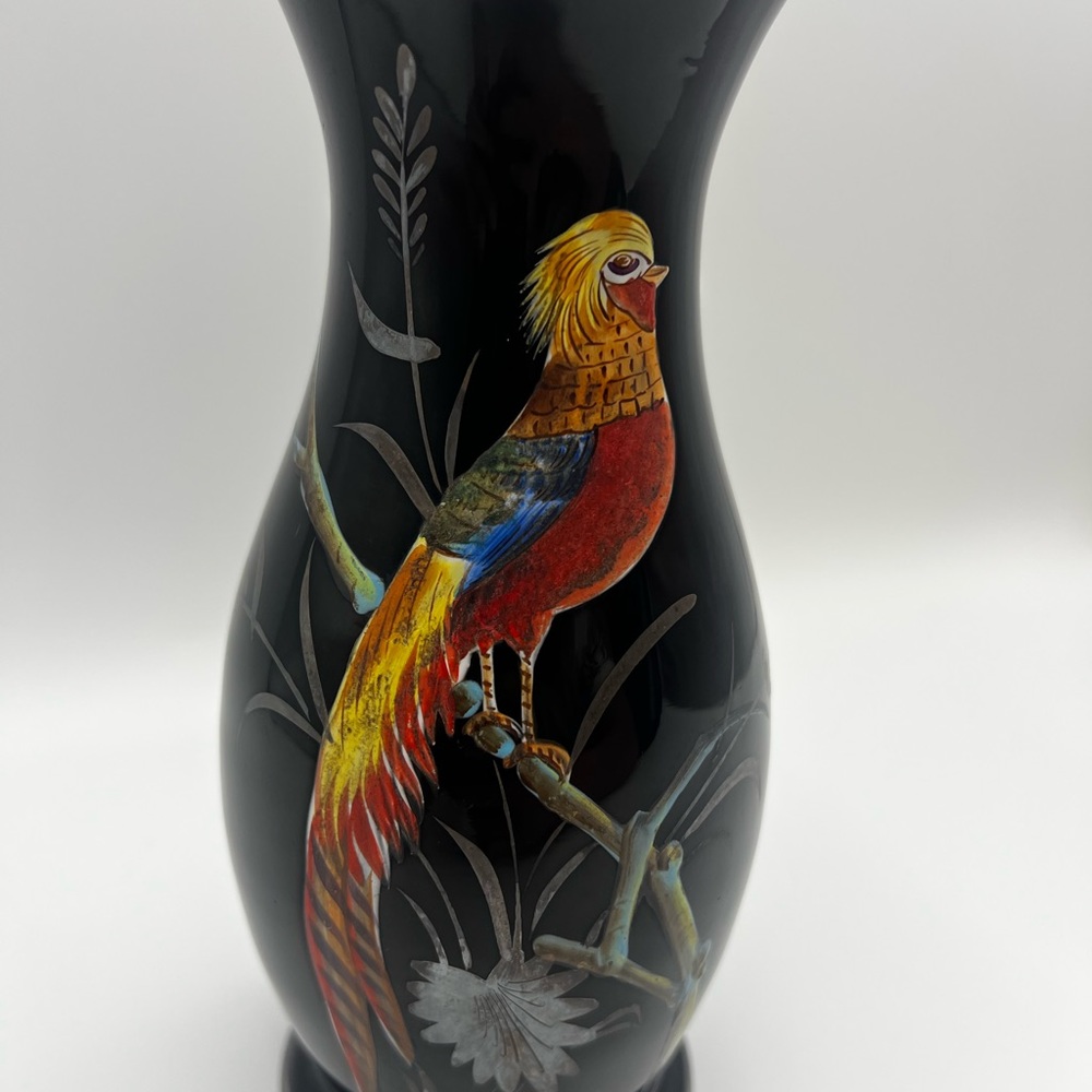 Antique Black Amethyst Art Deco Czechoslovakian Glass Vase with Enameled Birds